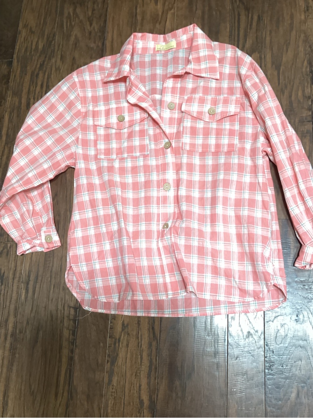 Women’s Coral Plaid Button-Down Shirt with Chest Pockets